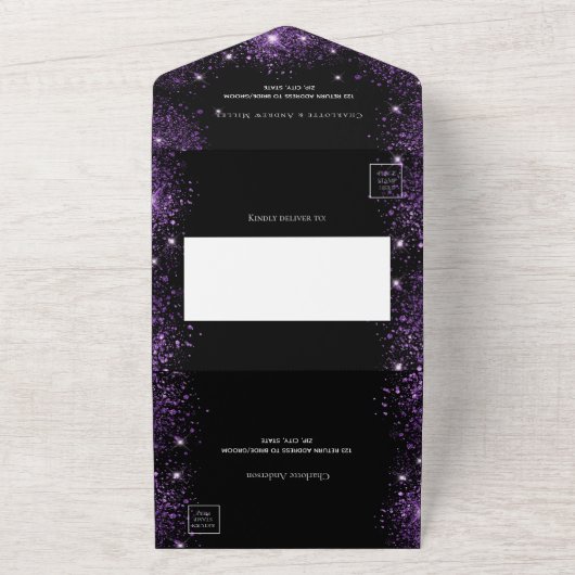 Zwart paarse glitter elegant script bruiloft all in one uitnodiging (Buitenkant)