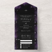 Zwart paarse glitter elegant script bruiloft all in one uitnodiging (Binnen)
