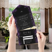 Zwart paarse glitter elegant script bruiloft all in one uitnodiging