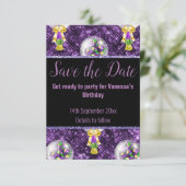 ZWART PAARSE GLITTER FEEST VERRASSING SAVE THE DAT RSVP KAARTJE (Staand voorkant)