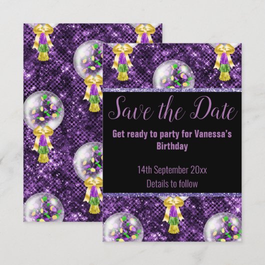 ZWART PAARSE GLITTER FEESTELIJKE SAVE THE DATE RSV RSVP KAARTJE (Voorkant / Achterkant)