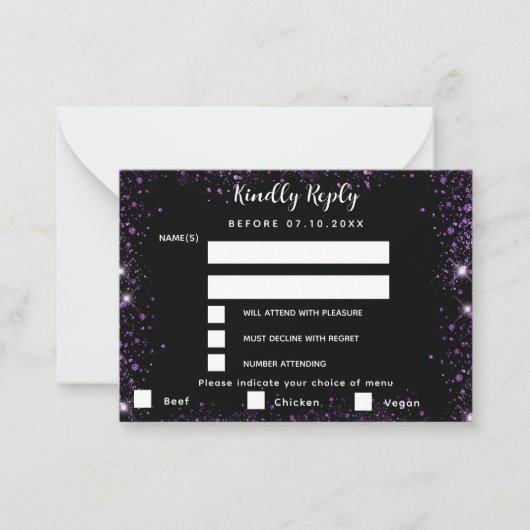 Zwart paarse glitter menu kiezen bruiloft RSVP (Voorkant)
