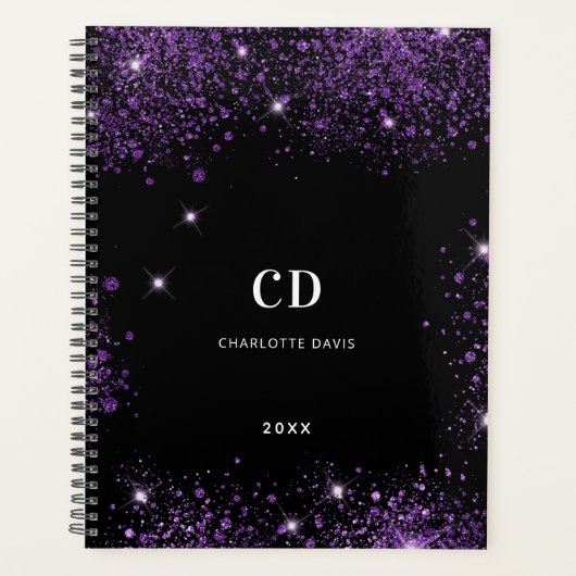 Zwart paarse glitter monogram initialen 2025 planner (Voorkant)