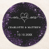Zwart paarse glitter mr mrs hart bruiloft ronde kartonnen onderzetter (Voorkant)