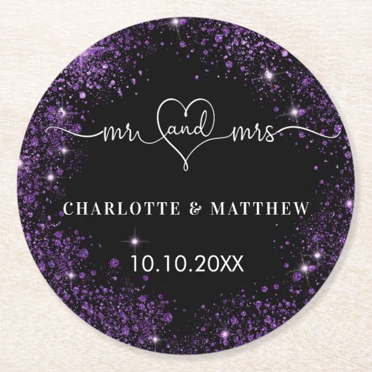 Zwart paarse glitter mr mrs hart bruiloft ronde kartonnen onderzetter (Voorkant)