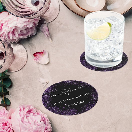 Zwart paarse glitter mr mrs hart bruiloft ronde kartonnen onderzetter