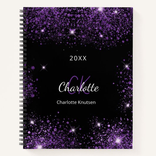 Zwart paarse glitter naam monogram notitieboek (Voorkant)