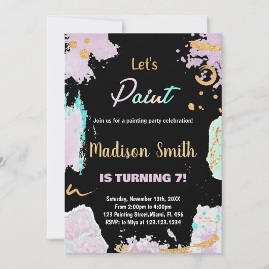 Zwart Paarse Glitter Paint Verjaardagsuitnodiginge Kaart (Voorkant)