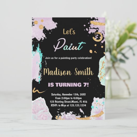 Zwart Paarse Glitter Paint Verjaardagsuitnodiginge Kaart (Staand voorkant)