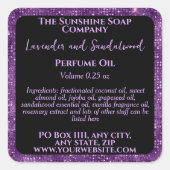 Zwart & Paarse Glitter Parfum Roller Flessenlabel Vierkante Sticker (Voorkant)