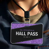Zwart & Paarse Glitter School Teacher Hall Pass Badge