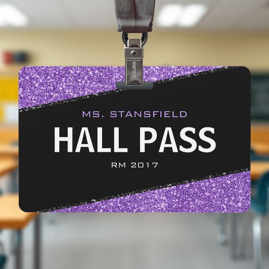 Zwart & Paarse Glitter School Teacher Hall Pass Badge