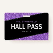 Zwart & Paarse Glitter School Teacher Hall Pass Badge (Voorkant)