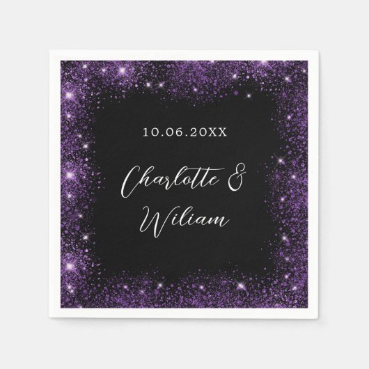 Zwart paarse glitter script bruiloft servet (Voorkant)