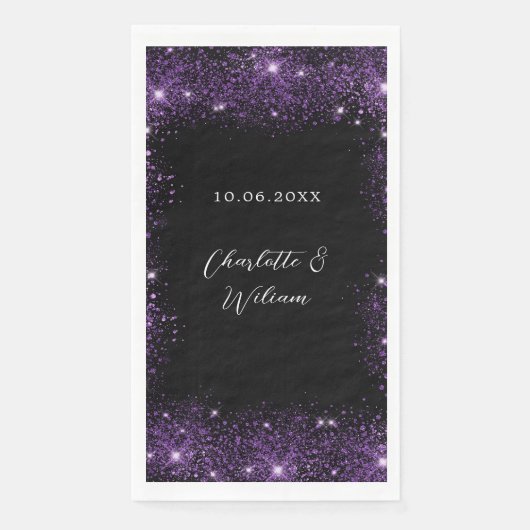 Zwart paarse glitter script bruiloft servet (Voorkant)