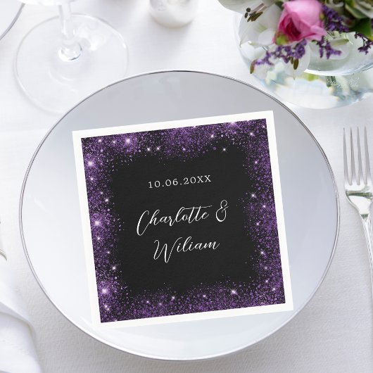 Zwart paarse glitter script bruiloft servet