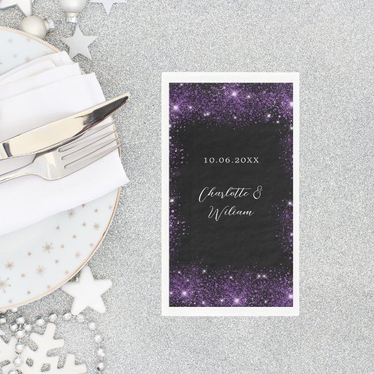 Zwart paarse glitter script bruiloft servet