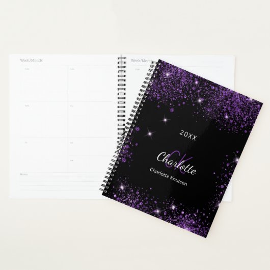 Zwart paarse glitter stof monogram initialen 2025 planner (Display)