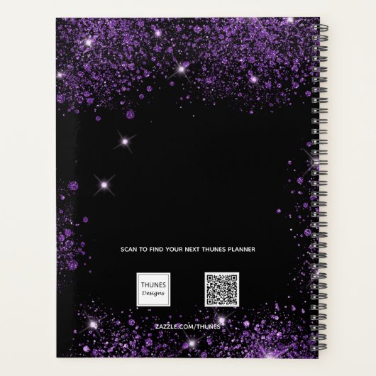 Zwart paarse glitter stof monogram initialen 2025 planner (Achterkant)