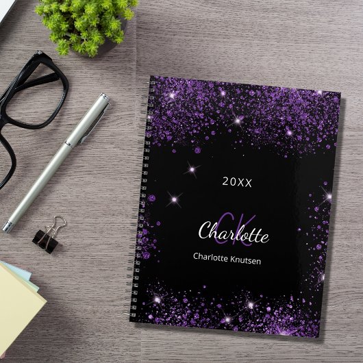 Zwart paarse glitter stof monogram initialen 2025 planner