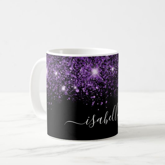 Zwart paarse glitternaam glazen script koffiemok (Voorkant links)