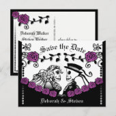 Zwart & Paarse Gotische Skeletten Rozen Save Date Aankondigingskaart (Voorkant / Achterkant)