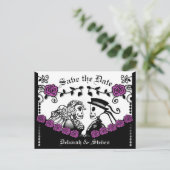 Zwart & Paarse Gotische Skeletten Rozen Save Date Aankondigingskaart (Staand voorkant)