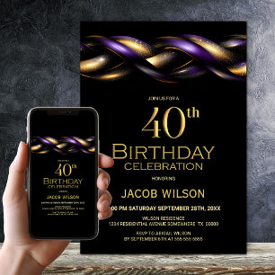Zwart Paarse Gouden 40e Verjaardagsfeest Kaart