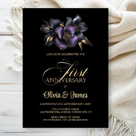 Zwart Paarse Grijze Bloemen 1e bruiloft Jubileum Kaart