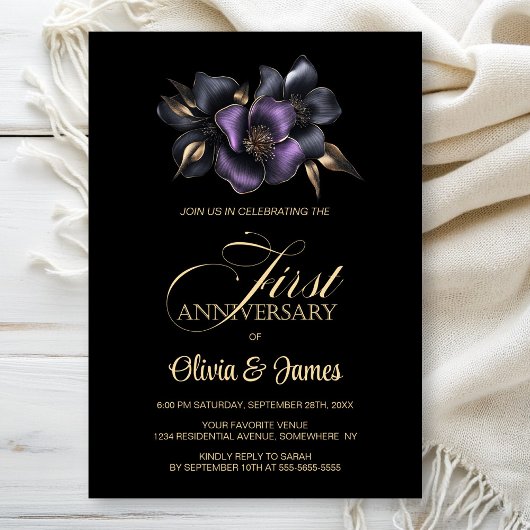 Zwart Paarse Grijze Bloemen 1e bruiloft Jubileum Kaart