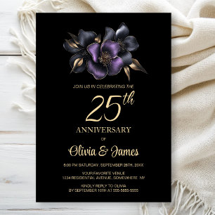 Zwart Paarse Grijze Bloemen 25e Jubileum Kaart