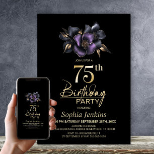 Zwart Paarse Grijze Bloemen 75e Verjaardagsfeest Kaart
