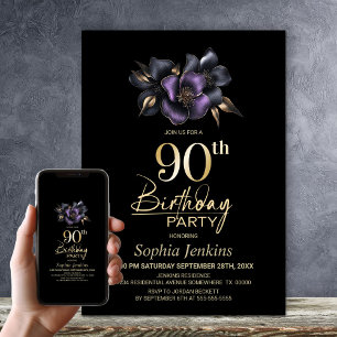 Zwart Paarse Grijze Bloemen 90ste Verjaardagsfeest Kaart