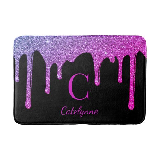 Zwart Paarse Hot Pink Dripping Glitter Monogram Badmat (Voorkant)