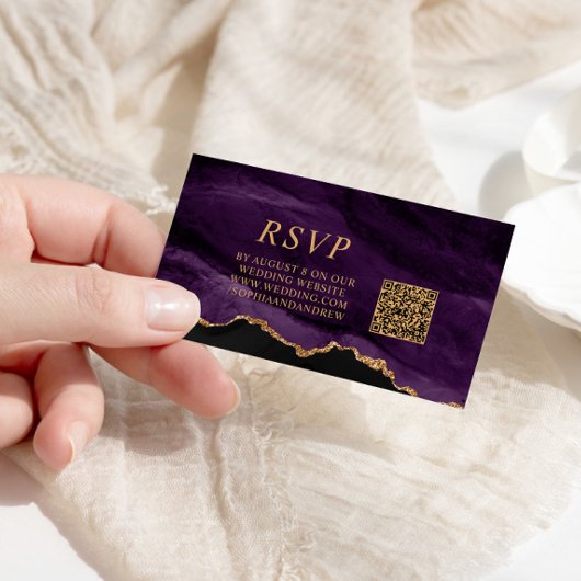 Zwart & Paarse Huwelijk QR Code RSVP Informatiekaartje