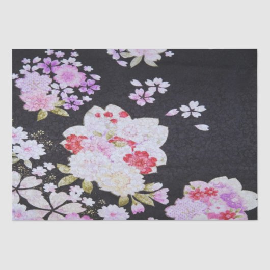Zwart Paarse Japans Kimono Bloemen Decoupage Tissuepapier (Voorkant)