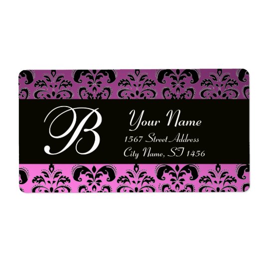 ZWART PAARSE LILA DAMASK MONOGRAM ETIKET (Voorkant)
