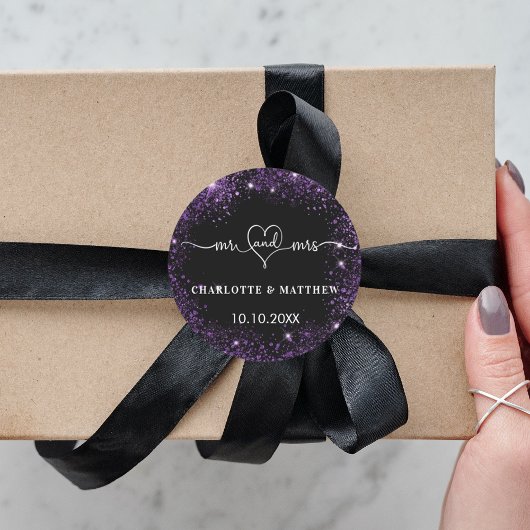 Zwart paarse meneer mrs hart bruiloft ronde sticker