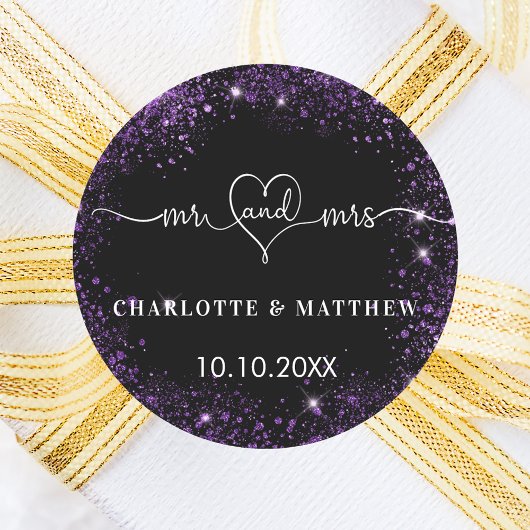 Zwart paarse meneer mrs hart bruiloft ronde sticker