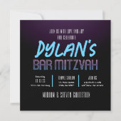 Zwart & Paarse Neon Bat Bar Mitzvah Party Kaart (Voorkant)
