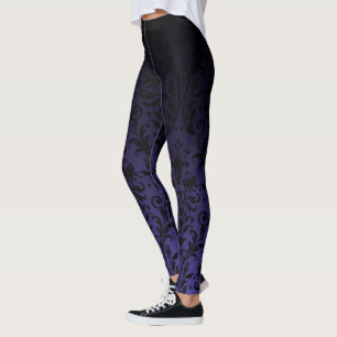 Zwart-Paarse ombre gradiënt fade Floral Damask Leggings