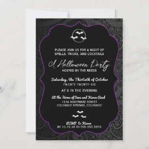 Zwart & Paarse Paisley Vleermuizen Halloween Feest Kaart