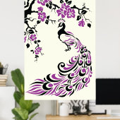 Zwart paarse pauw en kersenbloesem poster (Thuiskantoor)