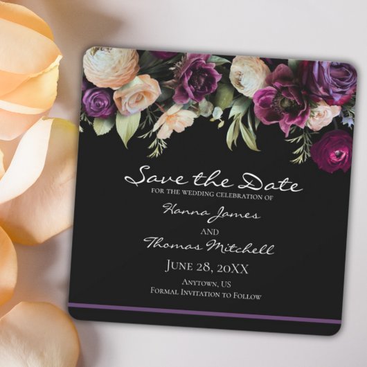 Zwart Paarse  Romantisch Moody Bloemen Bruiloft Save The Date