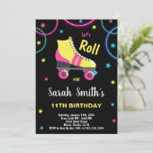 Zwart Paarse Roze Rolschaatsen uitnodigingen (Staand voorkant)