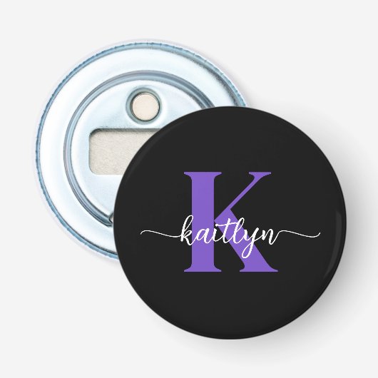 Zwart-Paarse-scriptmonogram Button Flesopener (Voorkant)