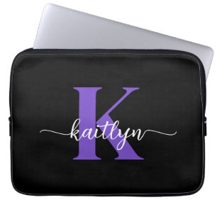 Zwart-Paarse-scriptmonogram Laptop Sleeve