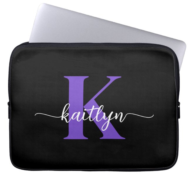 Zwart-Paarse-scriptmonogram Laptop Sleeve (Voorkant)