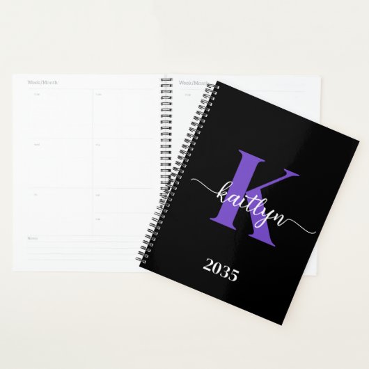 Zwart-Paarse-scriptmonogram Planner (Display)
