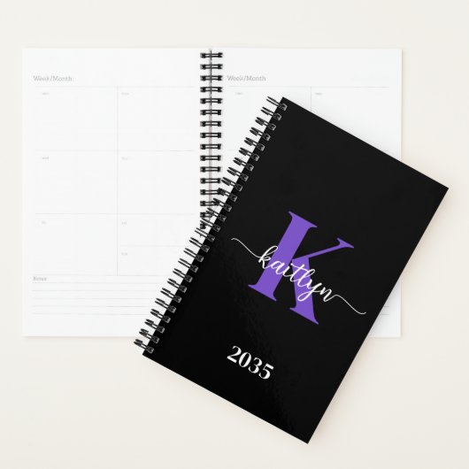 Zwart-Paarse-scriptmonogram Planner (Display)